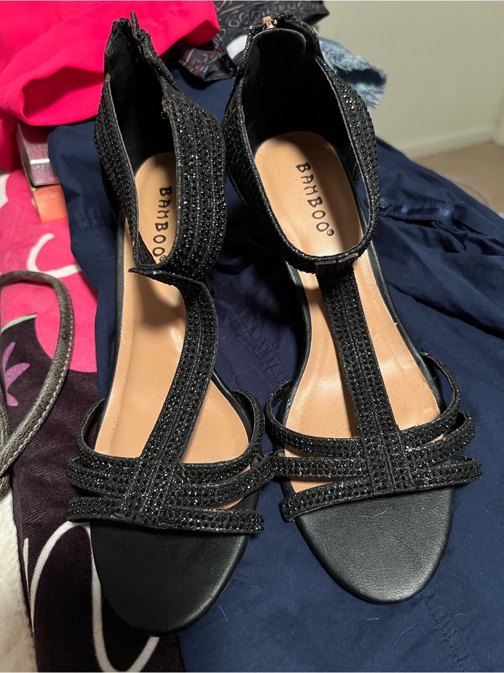 BAMBOO Black T-Strap Rhinestone Heeled Sandals